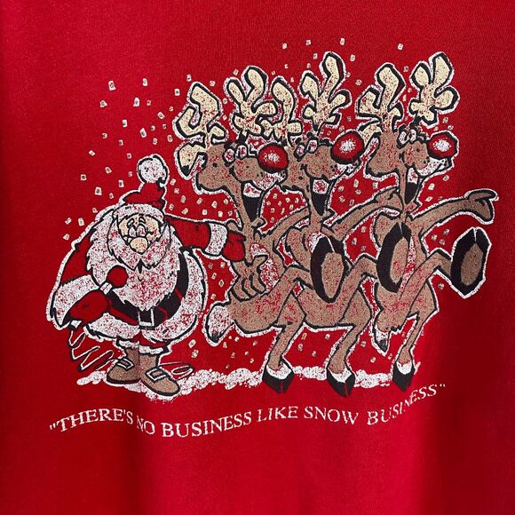 VTG 80s Red Christmas Sweatshirt Santa Reindeer “Snow Business” Boxy Crew M - Picture 4 of 7